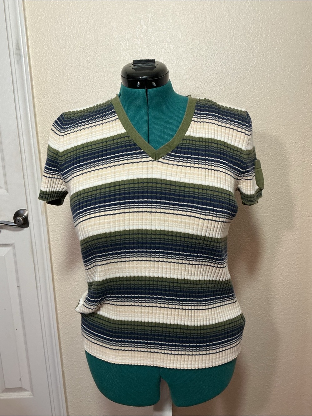 Vintage Tommy Hilfiger Striped V-Neck Short Sleeve Top in Olive, Navy & Cream
